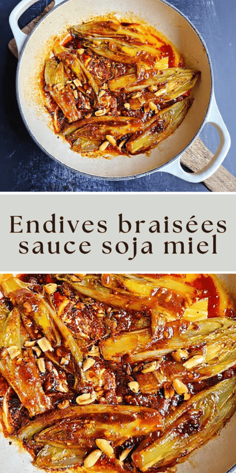 Endives braisées sauce soja miel avec cacahuètes grillées et sauce brillante