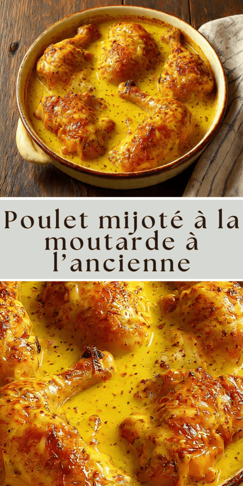 Poulet mijoté à la moutarde à l’ancienne avec sauce crémeuse et oignons fondants