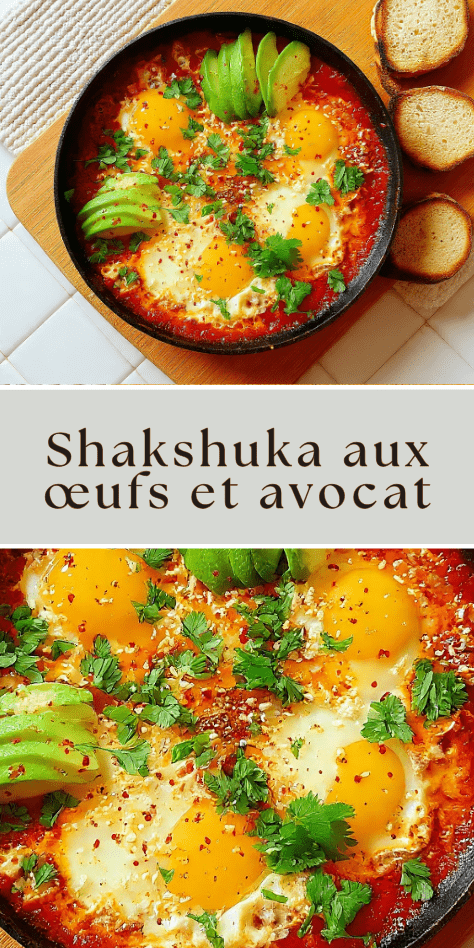 Shakshuka aux œufs et avocat avec sauce tomate, feta et herbes fraîches