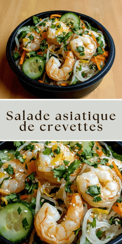 Salade asiatique de crevettes croquantes avec concombre, carotte et sésame