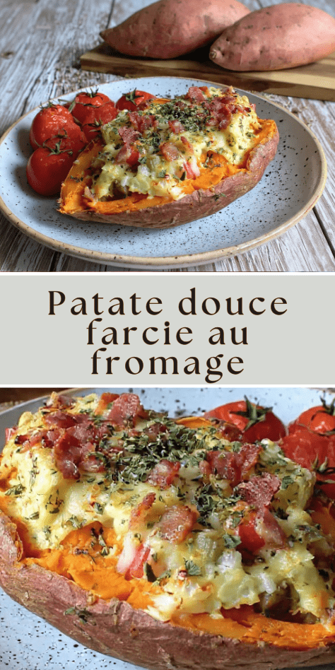 Patate douce farcie au fromage et lardons gratinée au four