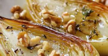 Endives rôties miel noix caramélisées au thym et noix de Grenoble