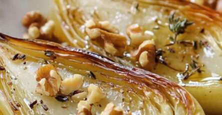 Endives rôties miel noix caramélisées au thym et noix de Grenoble