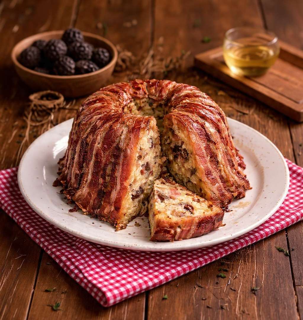 Farçon savoyard traditionnel au lard fumé et pruneaux, démoulé doré