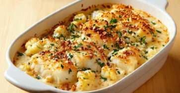 Gratin de cabillaud au chou-fleur crémeux avec fromage gratiné et fruits secs