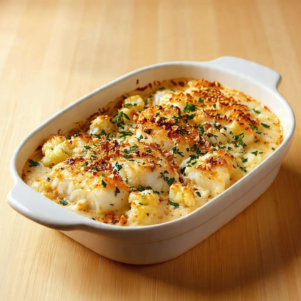 Gratin de cabillaud au chou-fleur crémeux avec fromage gratiné et fruits secs