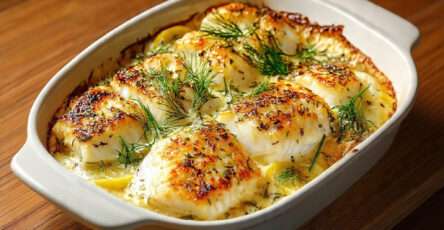 Gratin de cabillaud citronné à l’aneth crémeux doré au four