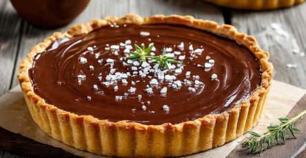 Tarte au chocolat noir et fleur de sel fondante et brillante