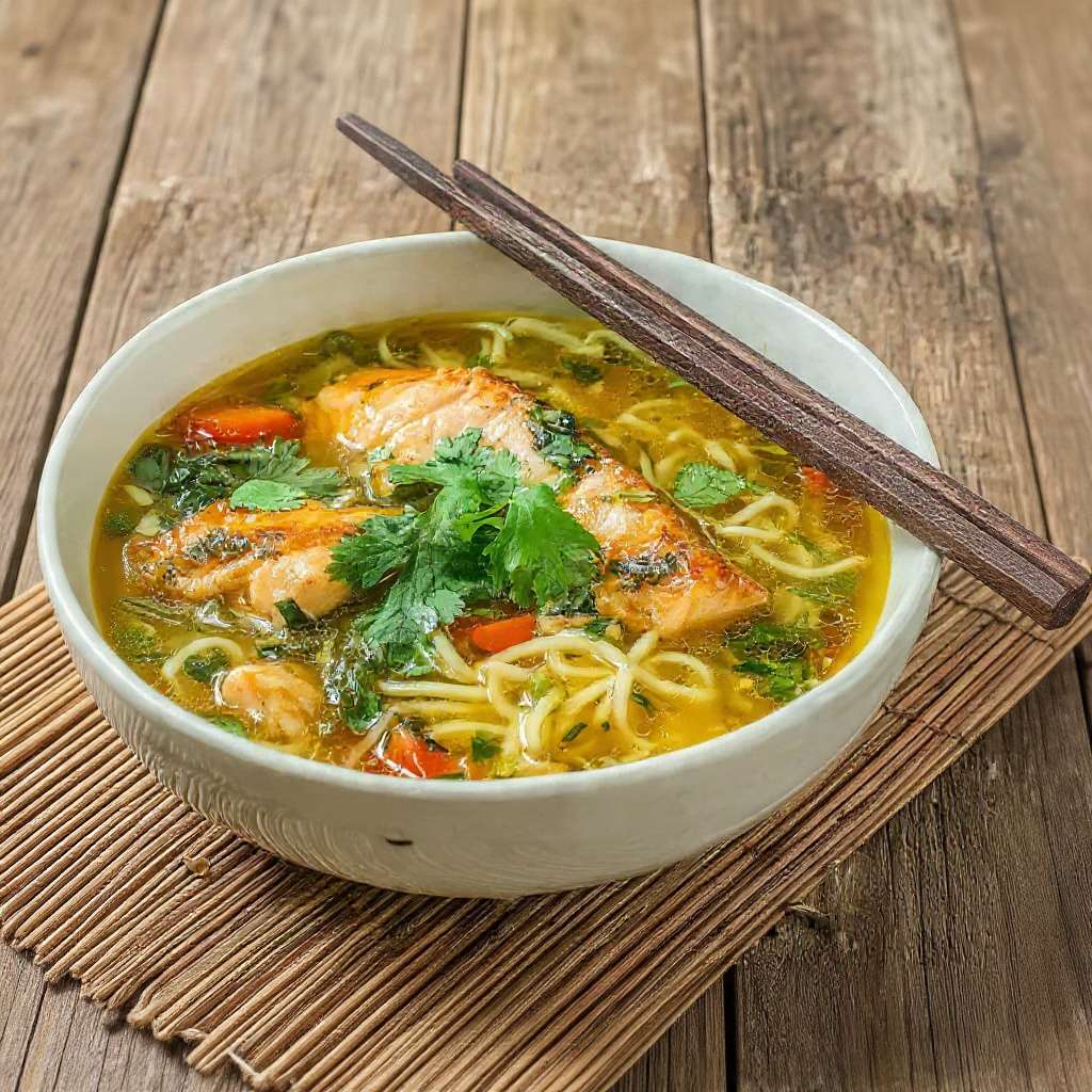 Soupe asiatique au saumon avec nouilles et coriandre fraîche