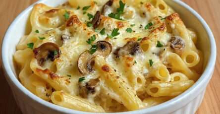 Gratin de pâtes crémeux aux champignons doré au four avec fromage fondu