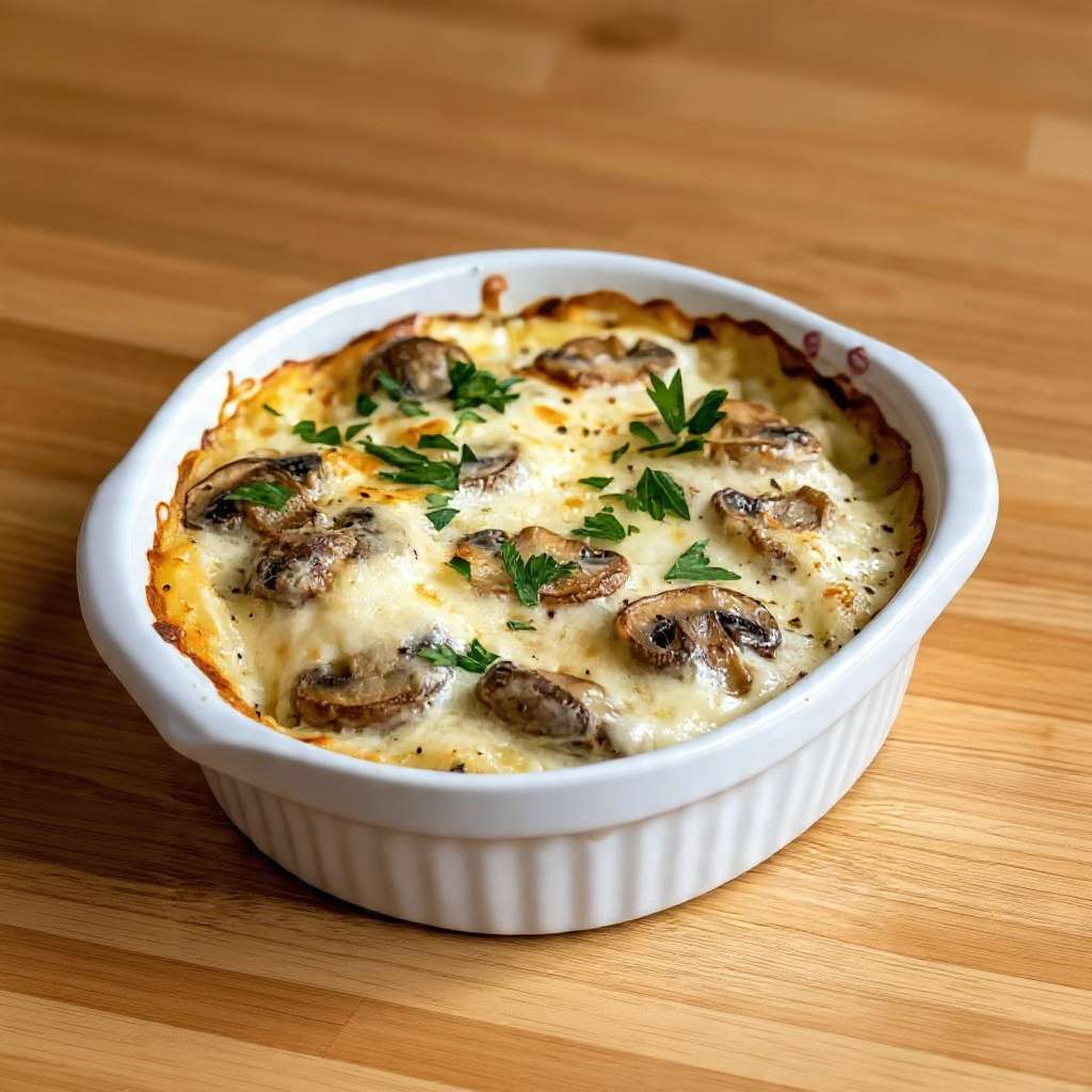 Champignons à la crème gratinés dorés au four avec fromage fondu