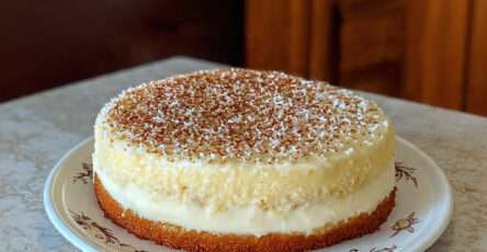 Cheesecake crémeux à la noix de coco décoré de copeaux et coco torréfiée