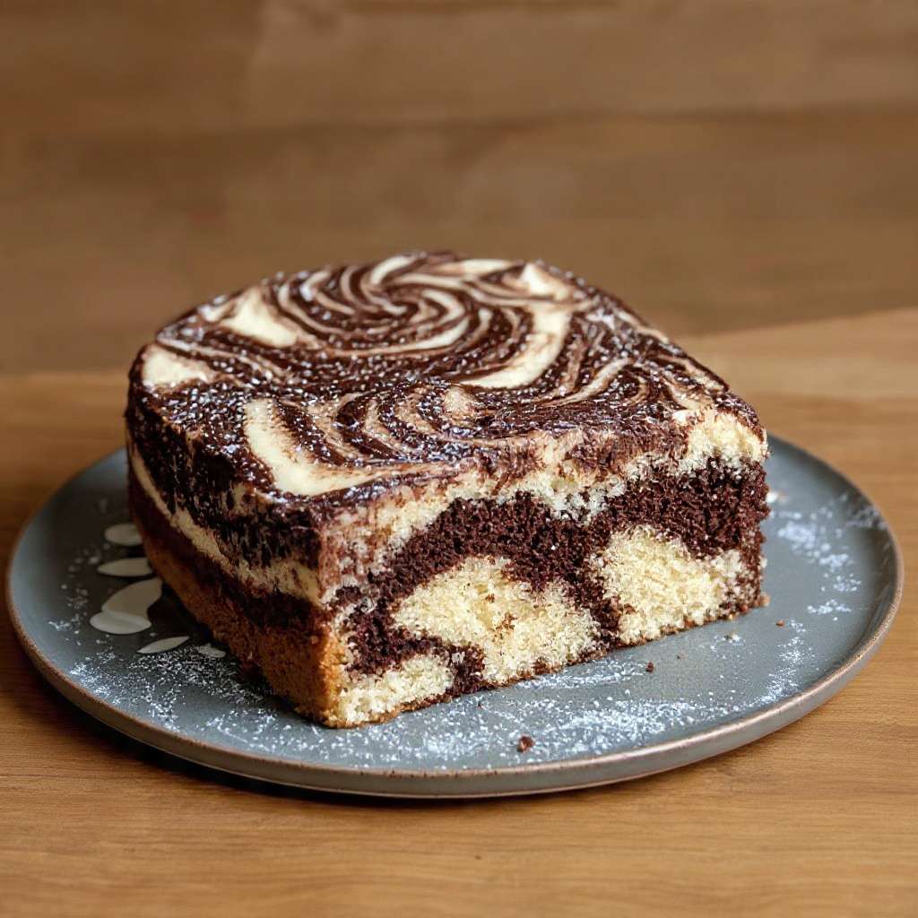 Gâteau marbré moelleux vanille chocolat tranché avec effet marbré visible