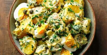 Salade de pommes de terre œufs câpres avec sauce crémeuse et herbes fraîches