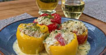 Poivrons farcis façon blanquette traditionnelle, sauce crémeuse