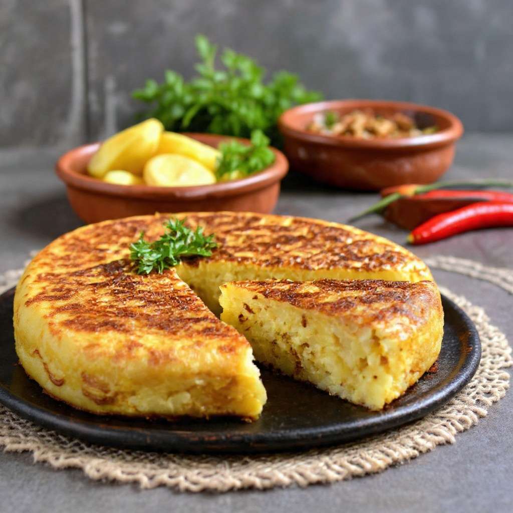 Tortilla espagnole traditionnelle à la poêle, dorée et fondante