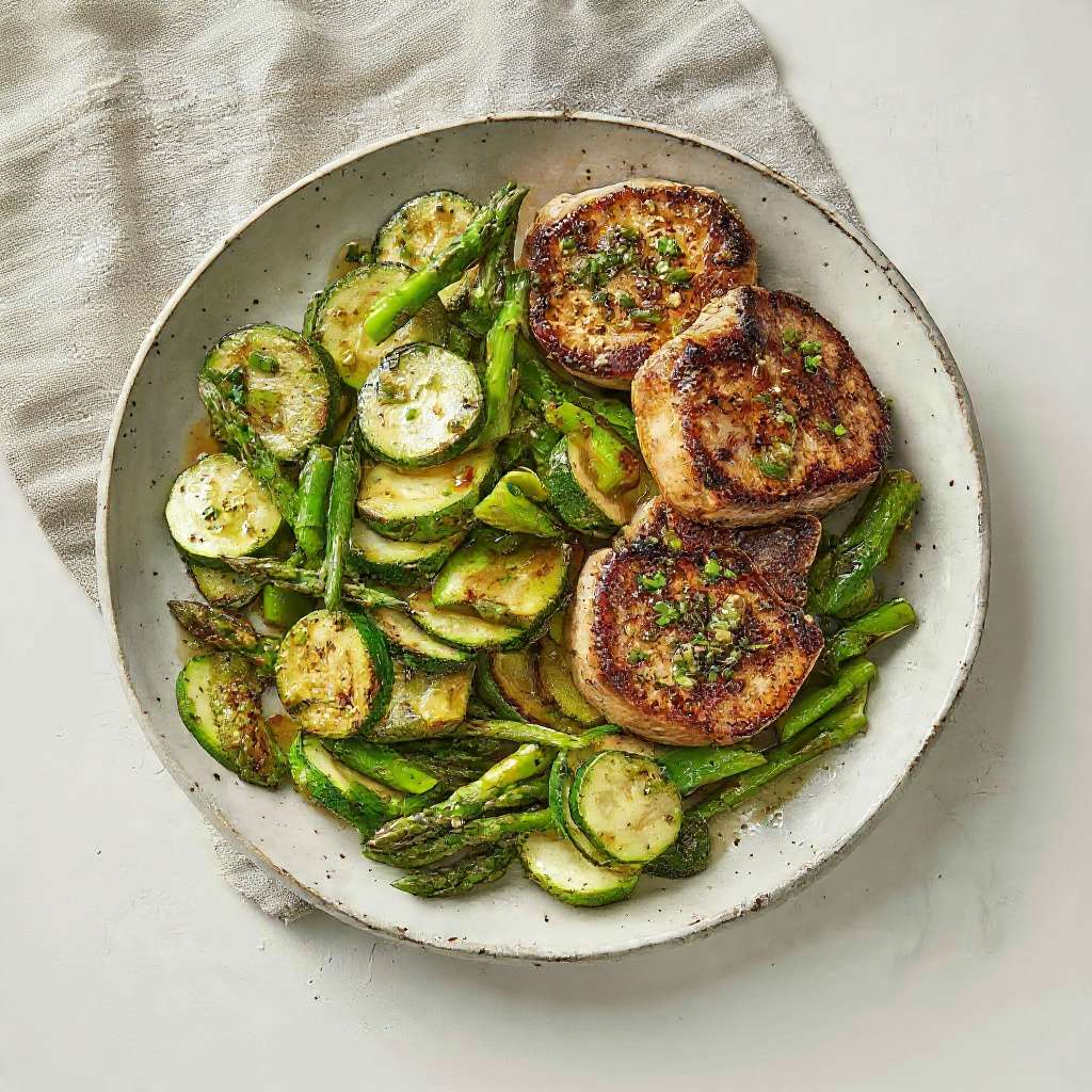 Médaillons de porc poêlés avec courgettes et asperges dorées