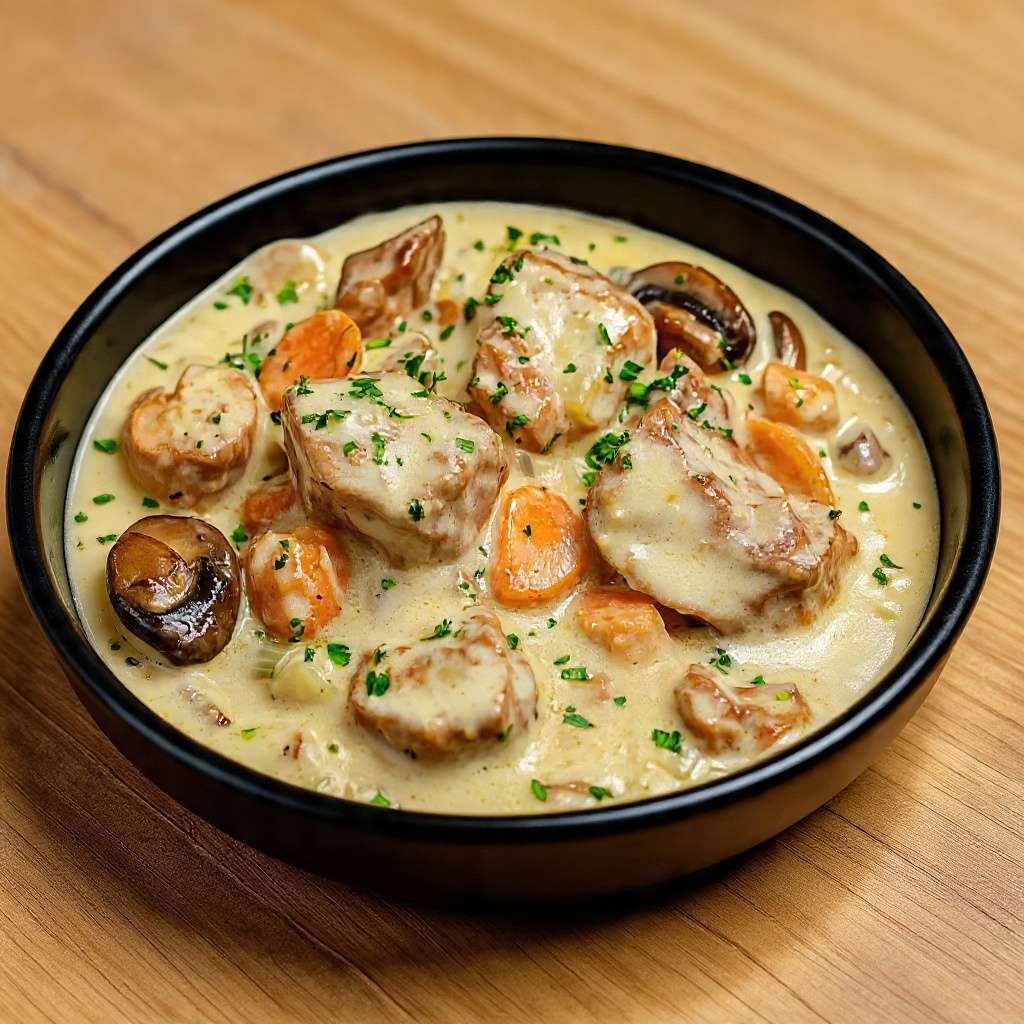 Blanquette de veau crémeuse traditionnelle aux carottes et champignons