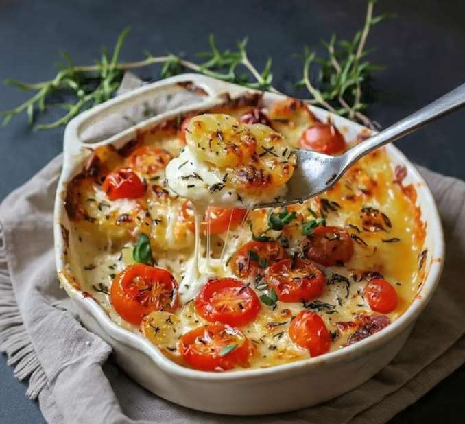 Gratin de pomme de terre tomates et mozzarella doré au four