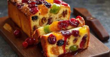 Cake aux fruits confits et fruits secs tranché avec nappage brillant