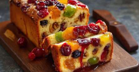 Cake aux fruits confits et fruits secs tranché avec nappage brillant