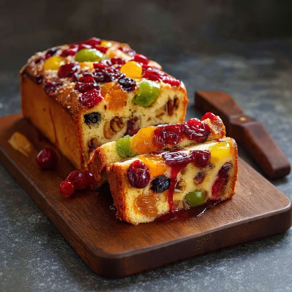 Cake aux fruits confits et fruits secs tranché avec nappage brillant