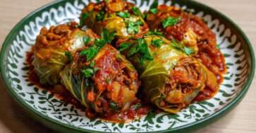 Choux farcis à la viande hachée nappés de sauce tomate