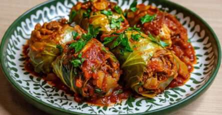 Choux farcis à la viande hachée nappés de sauce tomate