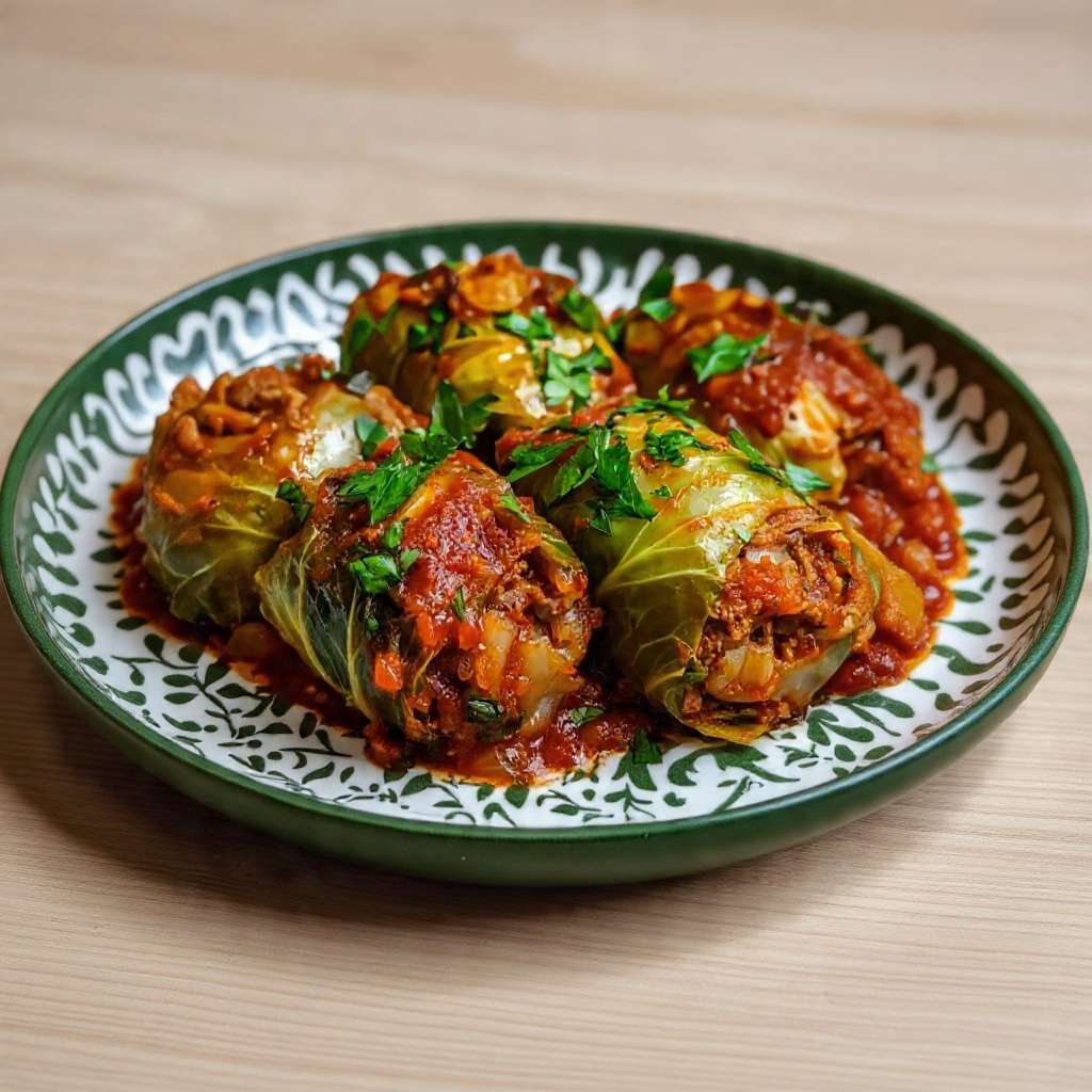 Choux farcis à la viande hachée nappés de sauce tomate