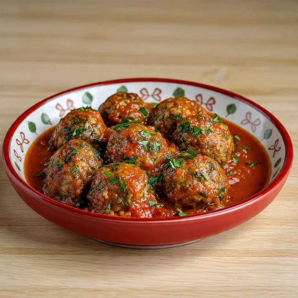 Boulettes de viande nappées de sauce tomate et persil frais