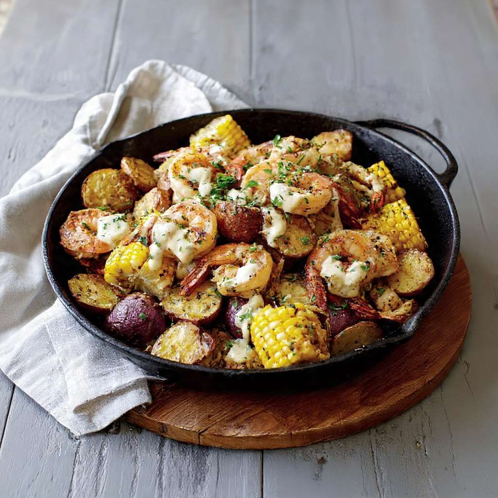 Poêlée de crevettes pommes de terre sauce crémeuse maison