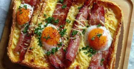 Tarte croustillante œufs bacon fromage dorée au four avec jaune coulant