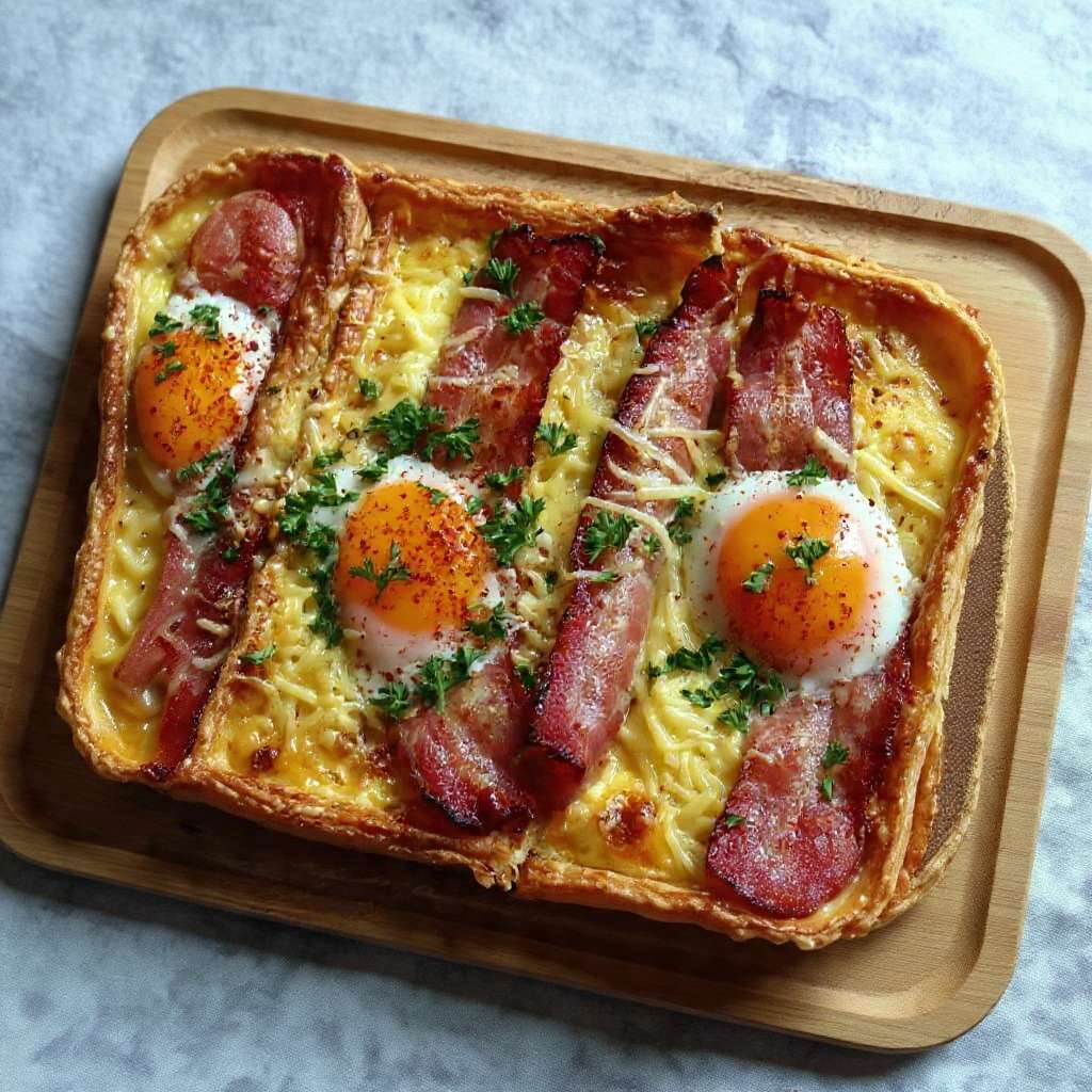 Tarte croustillante œufs bacon fromage dorée au four avec jaune coulant