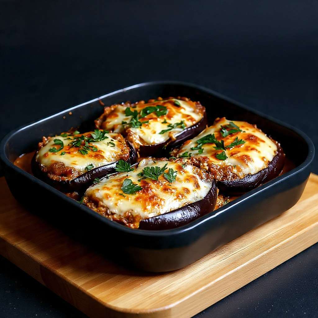 Aubergines farcies gratinées à la viande hachée et fromage fondu