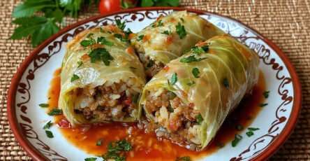 Choux farcis à la viande et au riz mijotés en sauce tomate