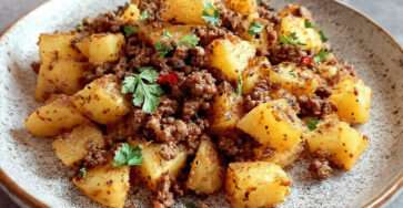 Pommes de terre sautées à la viande hachée épicée dorées à la poêle
