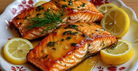 Pavés de saumon glacés au citron et au miel caramélisés en poêle