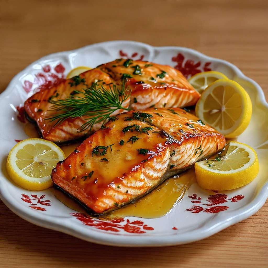 Pavés de saumon glacés au citron et au miel caramélisés en poêle