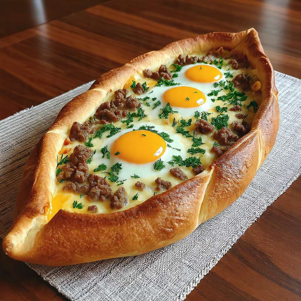 Pide à la viande hachée et aux œufs, pain turc doré au four
