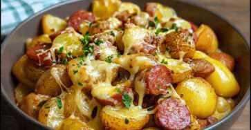 Poêlée de pommes de terre dorées aux saucisses fumées et fromage fondu filant