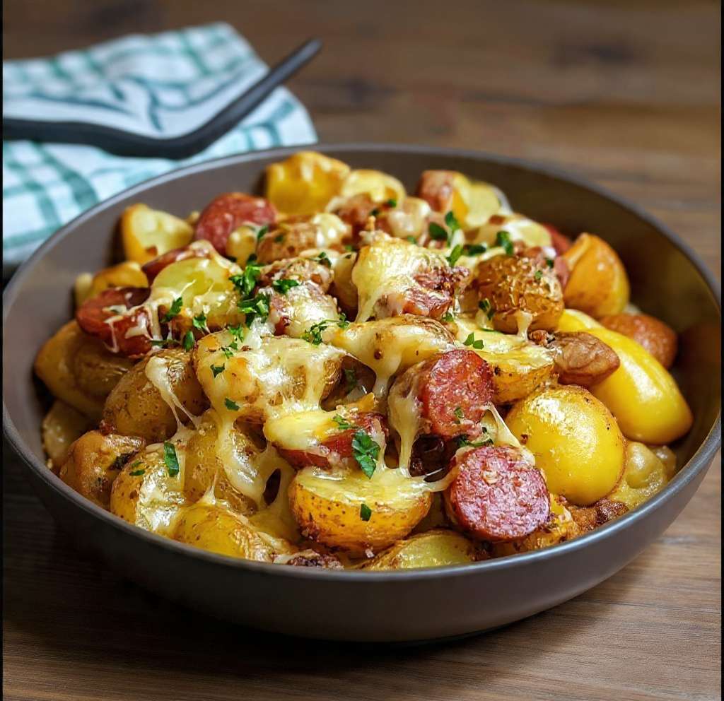 Poêlée de pommes de terre dorées aux saucisses fumées et fromage fondu filant