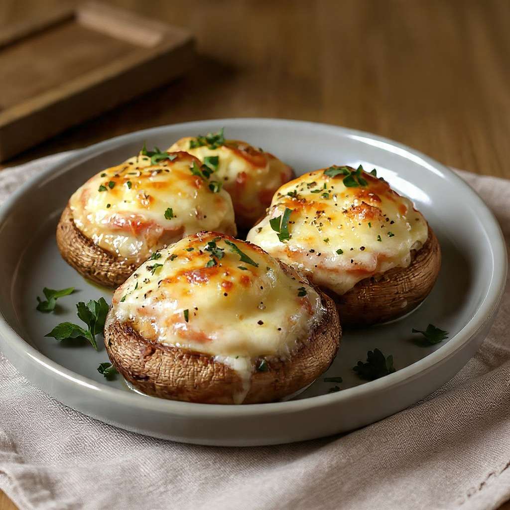 Champignons de Paris farcis jambon fromage gratinés au four avec fromage doré