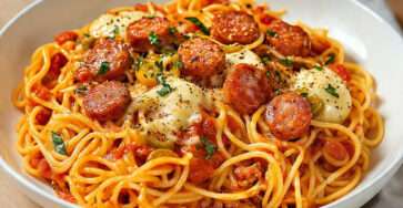 Spaghetti à la saucisse nappés de sauce tomate fondante avec fromage fondu et persil frais