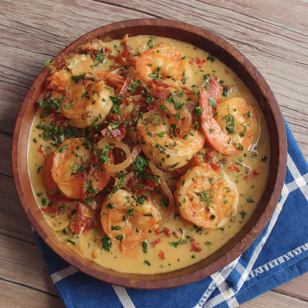 Wok de crevettes au lait de coco avec oignons fondants et lardons