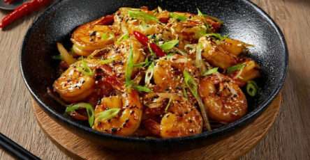 Wok de crevettes caramélisées soja sésame avec oignons verts et graines de sésame