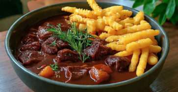 Bœuf mijoté fondant en sauce accompagné de frites croustillantes