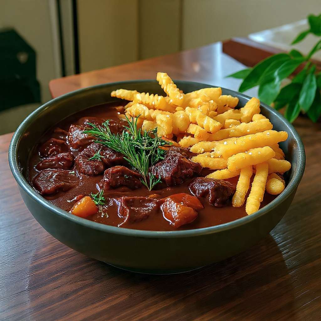 Bœuf mijoté fondant en sauce accompagné de frites croustillantes