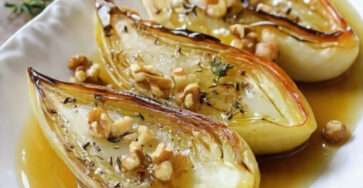 Endives rôties thym miel et noix de Grenoble fondantes au four