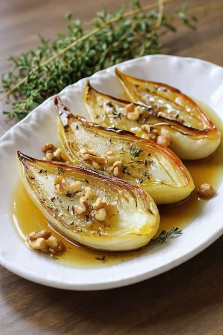 Endives rôties thym miel et noix de Grenoble fondantes au four