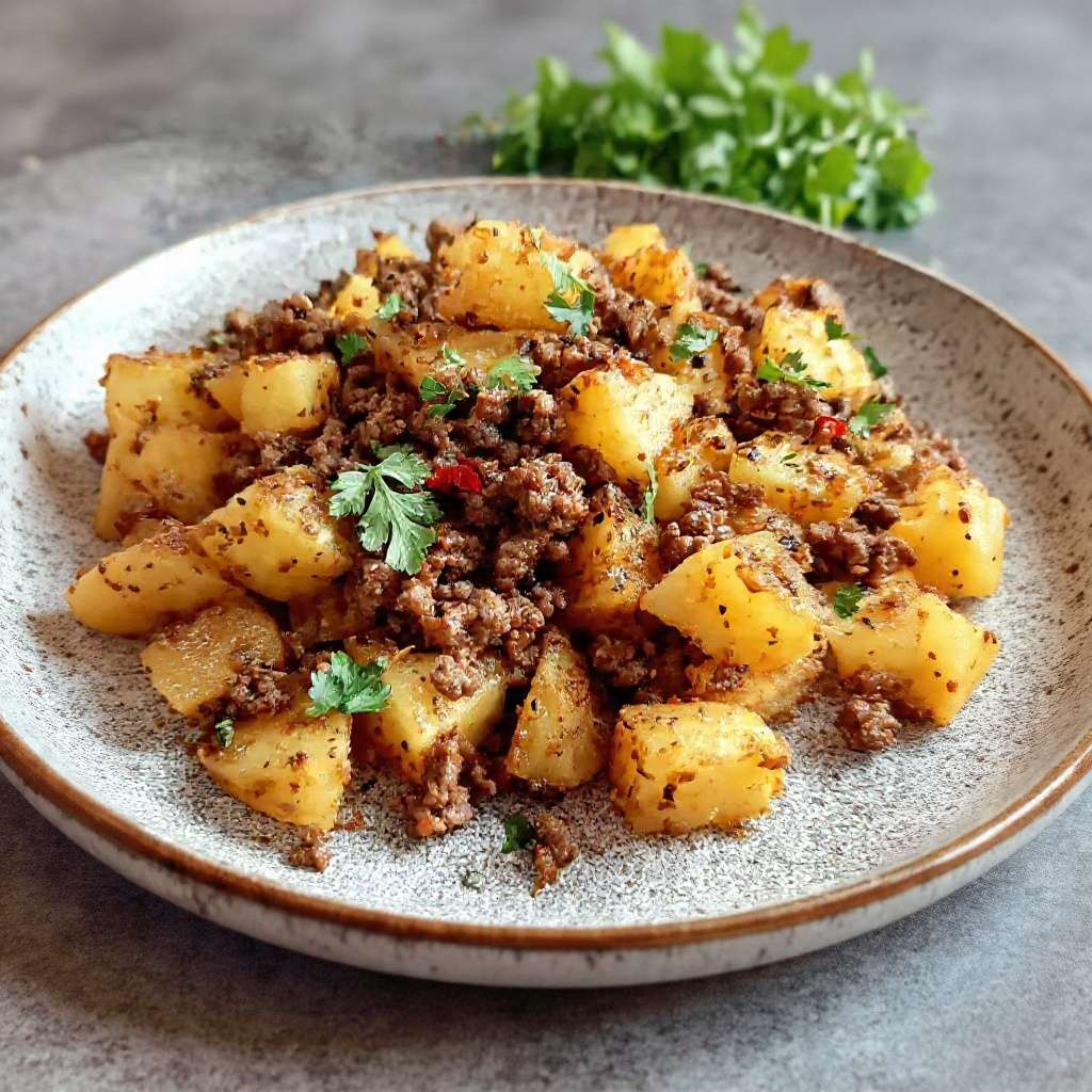 Pommes de terre sautées à la viande hachée épicée dorées à la poêle